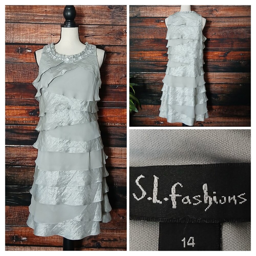 S.L. Fashions Dress 14 Silver Tiered Beaded Rhinestone Vintage Fairy